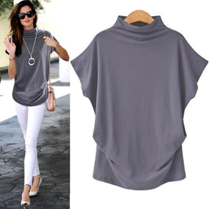 Women's Casual Turtleneck Short Sleeve Cotton Blouse Top Shirt - Superhero Gym Gear