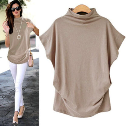 Women's Casual Turtleneck Short Sleeve Cotton Blouse Top Shirt - Superhero Gym Gear